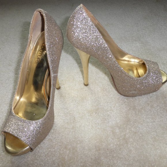 CLUB COUTURE Super sparkly gold open toe stiletto high heel party pumps - Picture 7 of 8